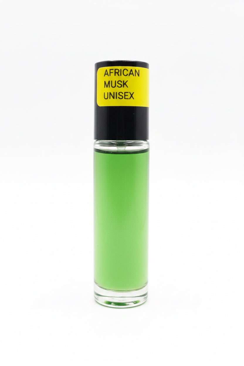 Green bottle of 'African Musk Unisex' perfume with a yellow label on a reflective surface.