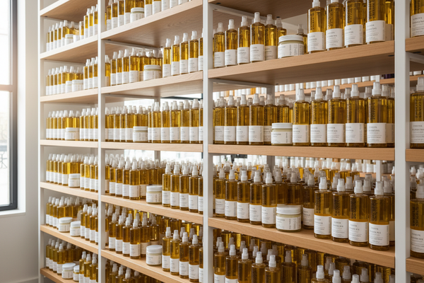 Inventory shelf of lots of body oil