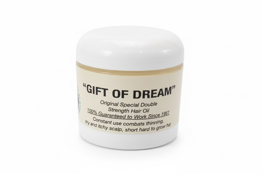 Special Double Strength Scalp Oil Constant use combats, Against thinning, dandruff, dry itchy scalp. Helps short hard to grow hair become Thicker and longer. “GIFT OF DREAM” Special Double Strength works on hair like rain on grass! 6 Oz. Container.